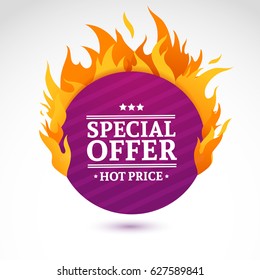 Template design circle banner with Special sale. Purple round card for hot offer with frame fire graphic. Advertising poster layout with flame border on white background. Vector.