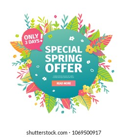 Template design circle web banner for spring offer. Advertising poster with a decor of flowers and leaves frame. Badge for the spring sale in a flat style.  Vector.