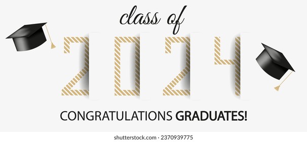 Template design Class Off 2024 graduates celebration Banner isolated white. Luxury gold 2024 number high school off poster.  Graduate congrats concept art. Vector illustration.