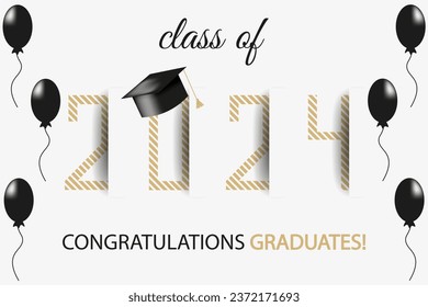 Template design Class Off 2024 graduates celebration Banner isolated white. Luxury gold 2024 number high school off poster.  Graduate congrats concept art. Vector illustration.