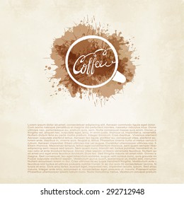 Diseño de Plantilla con una taza de letras de café en el fondo sobre acuarela con salpicaduras