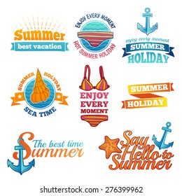Template design color logo, label, badge, prints for the summer holidays and vacations. Marine elements and swimsuit. Vector.