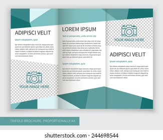 Template design of colorful trifold brochure with polygons. Editable and light vector with places for photos. Proportionally A4