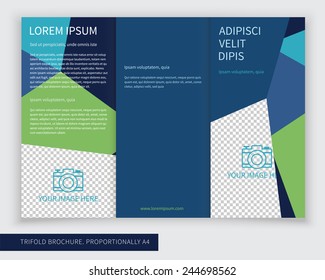 Template design of colorful trifold brochure with polygons. Editable and light vector with places for photos. Proportionally A4