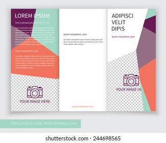 Template design of colorful trifold brochure with polygons. Editable and light vector with places for photos. Proportionally A4