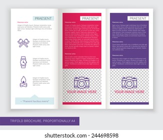 Template design of colorful trifold brochure with polygons. Editable and light vector with places for photos. Proportionally A4