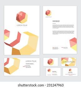 Template design of corporate identity with bright polygonal elements. Set of designs: folder, business cards, flayer, letterhead. Editable and creative