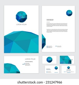 Template design of corporate identity with bright polygonal elements. Set of designs: folder, business cards, flayer, letterhead. Editable and creative