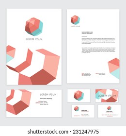 Template design of corporate identity with bright polygonal elements. Set of designs: folder, business cards, flayer, letterhead. Editable and creative