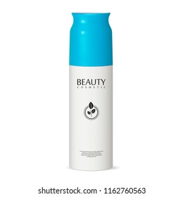 Template design cosmetics deodorant product white metal spray bottle with cap on crystal black background. Mockup for ads, magazine, advertising, branding, print, cover. 3d vector illustration.