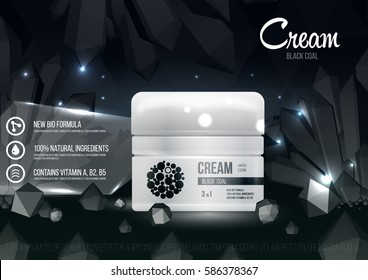 Template design cosmetics product round glossy plastic jar with lid on crystal black background. Mockup for ads, magazine, advertising, branding, print, cover. Fashion 3d vector illustration.