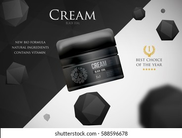 Diseño de plantilla productos cosméticos redondo tarro de plástico brillante con tapa sobre fondo negro de cristal. Tragedia para anuncios, revistas, publicidad, marca, impresión, portada. Ilustración vectorial 3d de moda.
