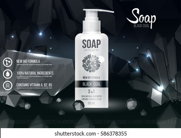Template design cosmetics product, soap plastic bottle with dispenser cap on crystal black background. Mockup for ads, magazine, advertising, branding, print, cover. Fashion 3d vector illustration.