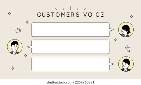 Template design of customer voice, with square speech bubble and illustration of person, vector