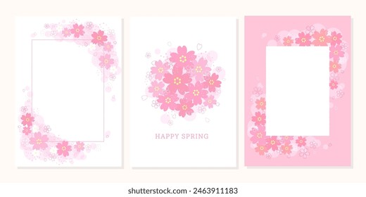Template for design decorated with illustrations of cherry blossoms. 3 pieces. Spring design elements.