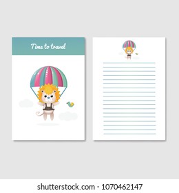 Template for the design of a diary, notebook, workbook, postcard, invitation card. Picture of a funny animal. Vector illustration. Cover and page. Drawing in the cartoon style on the theme of travel.