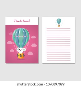 Template for the design of a diary, notebook, workbook, postcard, invitation card. Picture of a funny animal. Vector illustration. Cover and page. Drawing in the cartoon style on the theme of travel.