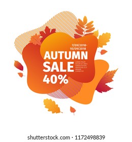 Template design discount banner for autumn season. Poster special fall sale with orange flower, leaf decoration. Trandy Layout badge for autumnal offer on natural, floral gradient background. Vector