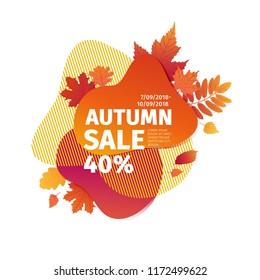 Template design discount banner for autumn season. Poster special fall sale with orange flower, leaf decoration. Trandy Layout badge for autumnal offer on natural, floral gradient background. Vector