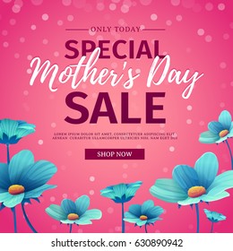 Template design discount banner for happy mother's day. Square poster for special mother's day sale with blue nature, flower decoration.  Square layout on pink background. Vector