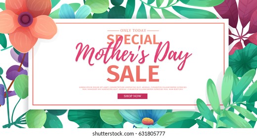 Template design discount banner for happy mother's day. Horizontal poster for special mother's day sale with flower decoration.  Horizontal layout on natural, floral background. Vector.