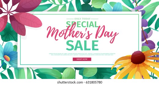 Template design discount banner for happy mother's day. Horizontal poster for special mother's day sale with flower decoration.  Horizontal layout on natural, floral background. Vector.