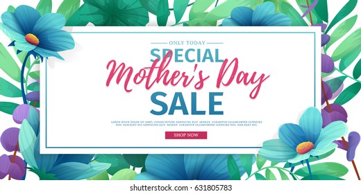 Template design discount banner for happy mother's day. Horizontal poster for special mother's day sale with flower decoration.  Horizontal layout on natural, floral background. Vector.