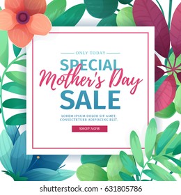 Banner de descuento de diseño de plantilla para el feliz día de la madre. Afiche cuadrado para la venta especial del día de la madre con decoración floral.  Diseño cuadrado sobre fondo natural y floral. Vector.