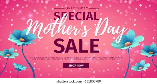 Template design discount banner for happy mother's day. Horizontal poster for special mother's day sale with blue nature, flower decoration.  Layout on pink background. Vector.