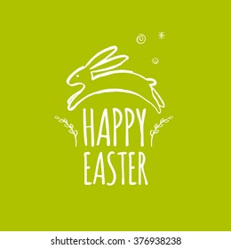 Template design Easter card with bunny. Hand drawn illustration. Rabbit jump on the glade. Willow branch. Ink handwritten inscription.