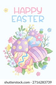 Vorlagendesign für Ostergrußkarten. Frühlingsblumen, Zweige, Blätter, bunte Eier auf blauem Hintergrund. Vektorgrafik zur Gestaltung einer Postkarte, Einladungskarte, Poster, Banner