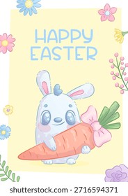 Template design for Easter greeting cards. A rabbit with a carrot tied with a bow on a yellow background, spring flowers. Vector illustration for the design of a postcard, invitation, poster, banner