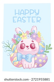 Diseño de Plantilla para tarjetas de felicitación de Pascua. Un conejo en una corona de flores sobre un fondo de huevos de Pascua y flores de primavera. Ilustración vectorial para el diseño de una postal, invitación, cartel, Anuncio