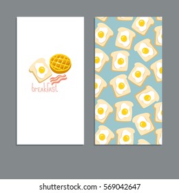 Template design with egg sandwich, waffle and bacon for morning breakfast in flat style. Vector illustration. Can be used for flyers, banners, invitations, cafe menu 