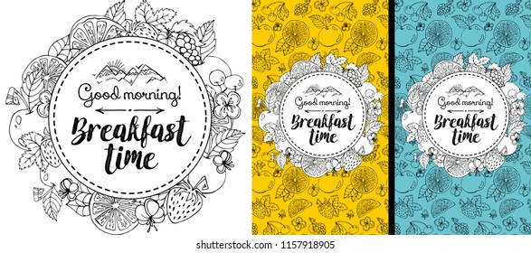 Template for design. Elegant frame of fruits and flowers. A stylish pattern. Set for the cover of the menu. Good morning. Breakfast time.