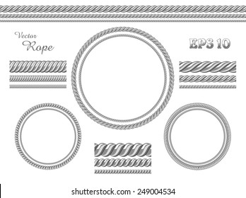 Template of design elements. Vector set of different thickness seamless ropes and rope frame isolated on white background