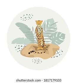 Template design with exotic wild animals. Sitting wild cat cheetah in circle. Design for banner, flyer, invitation, poster, web site or greeting card. Vector illustration