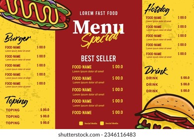 template design of Fast food menu with burger and hotdog vector