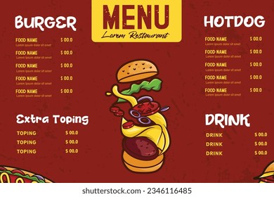 diseño de plantillas de menú de comida rápida con vector de hamburguesa y hotdog