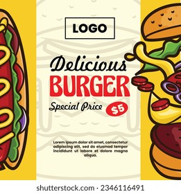 template design of Fast food menu with burger and hotdog vector