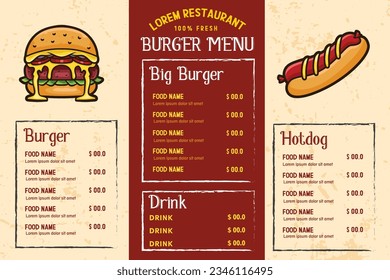 template design of Fast food menu with burger and hotdog vector