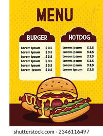 template design of Fast food menu with burger and hotdog vector