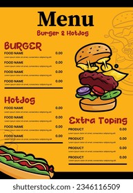Vorlagendesign des Fast-Food-Menüs mit Hamburger- und Hot-Hund-Vektorgrafik