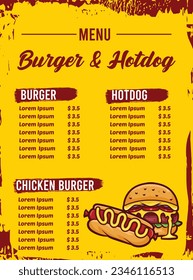 template design of Fast food menu with burger and hotdog vector