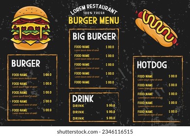 template design of Fast food menu with burger and hotdog vector