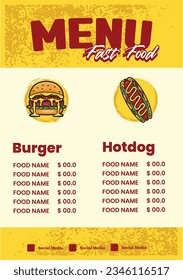 template design of Fast food menu with burger and hotdog vector
