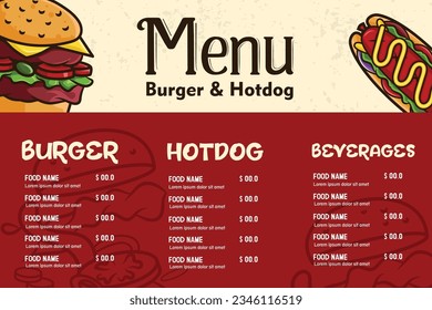 template design of Fast food menu with burger and hotdog vector