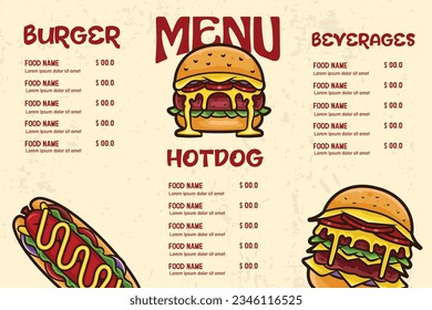 template design of Fast food menu with burger and hotdog vector