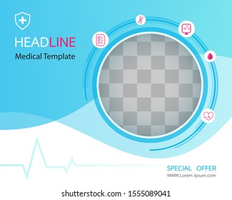 Template design and flat icons for a report and medical brochure design, with space for your picture.