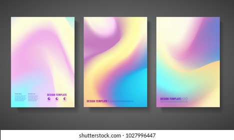 Template design flyer with abstract holographic and bright colorful background. Trendy layout brochure with holography texture in pastel neon color. Hologram for web banner, card and business. Vector